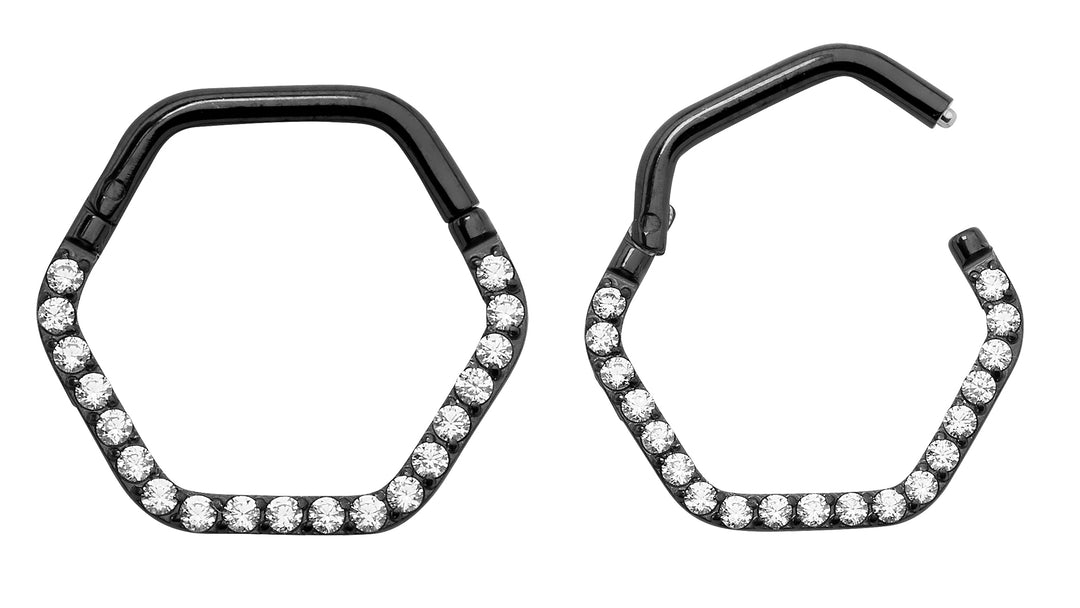 1 Pair 16G Titanium Hexagonal Gem Hinged Hoop Sleeper Earrings 8mm 10mm