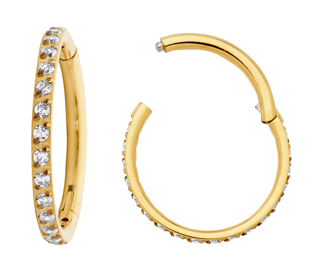 1 Pair Titanium 16G Pave Gem Set Hinged Hoop Sleeper Earrings