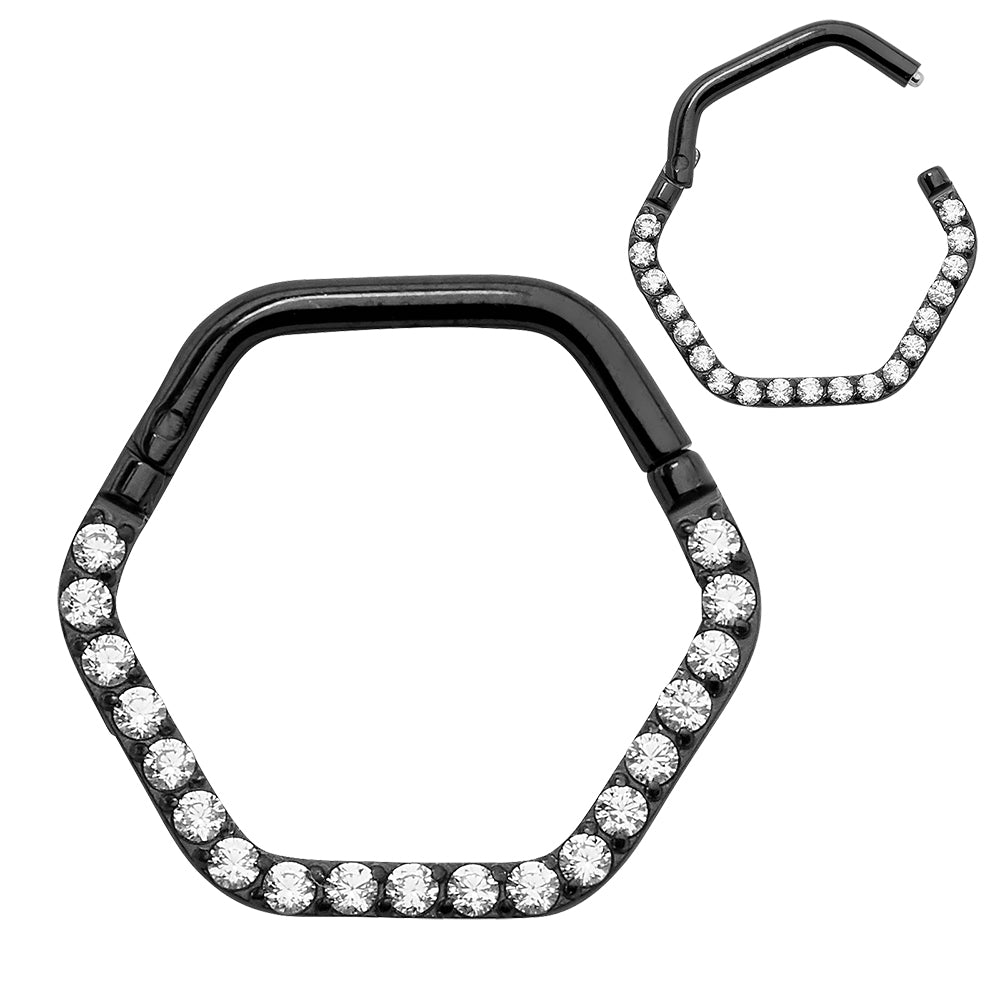 1 Pair Titanium 16G Hexagonal Gem Hinged Hoop Sleeper Earrings