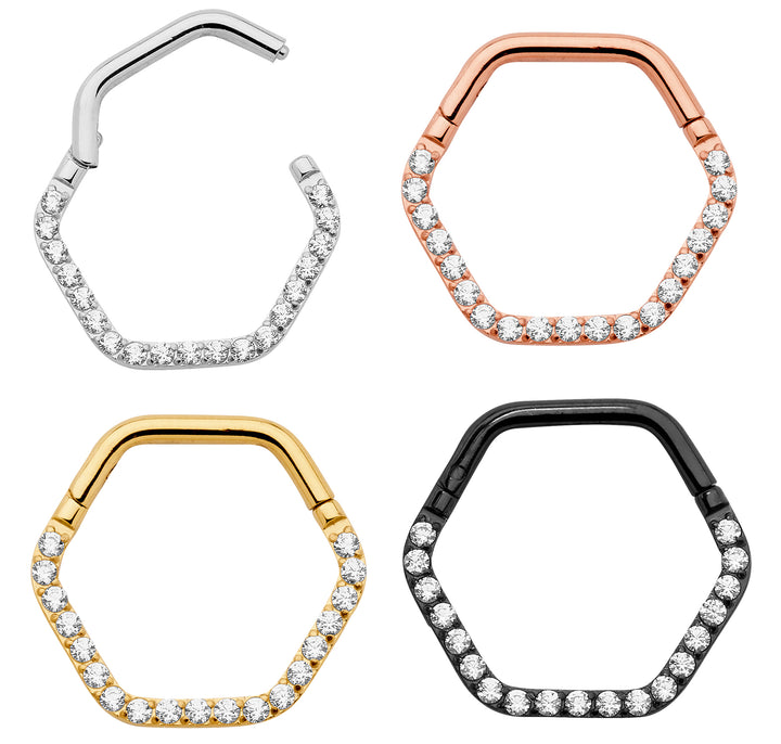 1 Pair Titanium 16G Hexagonal Gem Hinged Hoop Sleeper Earrings