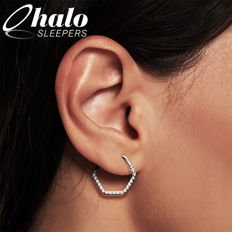 Pair 16G Titanium Hexagonal Gem Hinged Hoop Sleeper Earrings