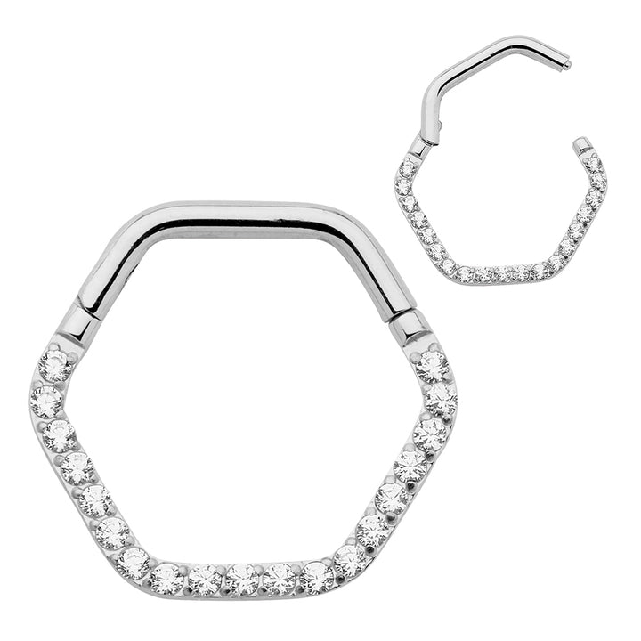 1 Pair Titanium 16G Hexagonal Gem Hinged Hoop Sleeper Earrings