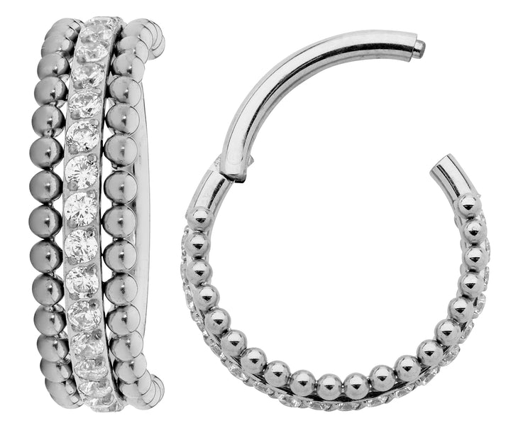 1 Pair Titanium 16G Triple-Row Gem Hinged Hoop Sleeper Earrings