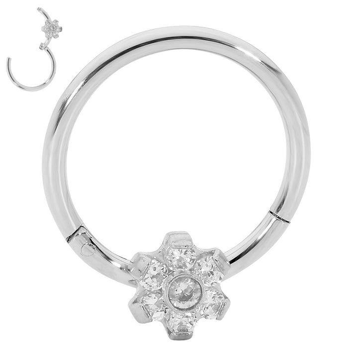 1 Pair Surgical Steel 16G Gem Flower Hinged Hoop Sleeper Earrings
