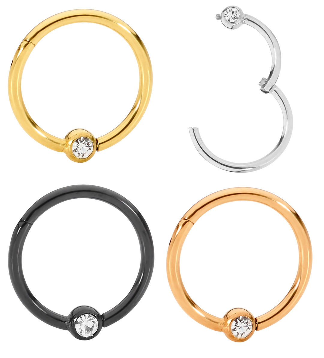 1 Pair Surgical Steel 18G Gem Ball Closure Ring Hinged Hoop Sleeper Earrings