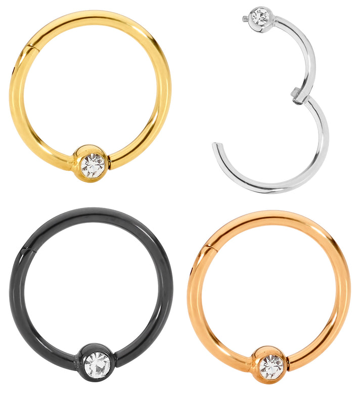 1 Pair Surgical Steel 18G Gem Ball Closure Ring Hinged Hoop Sleeper Earrings