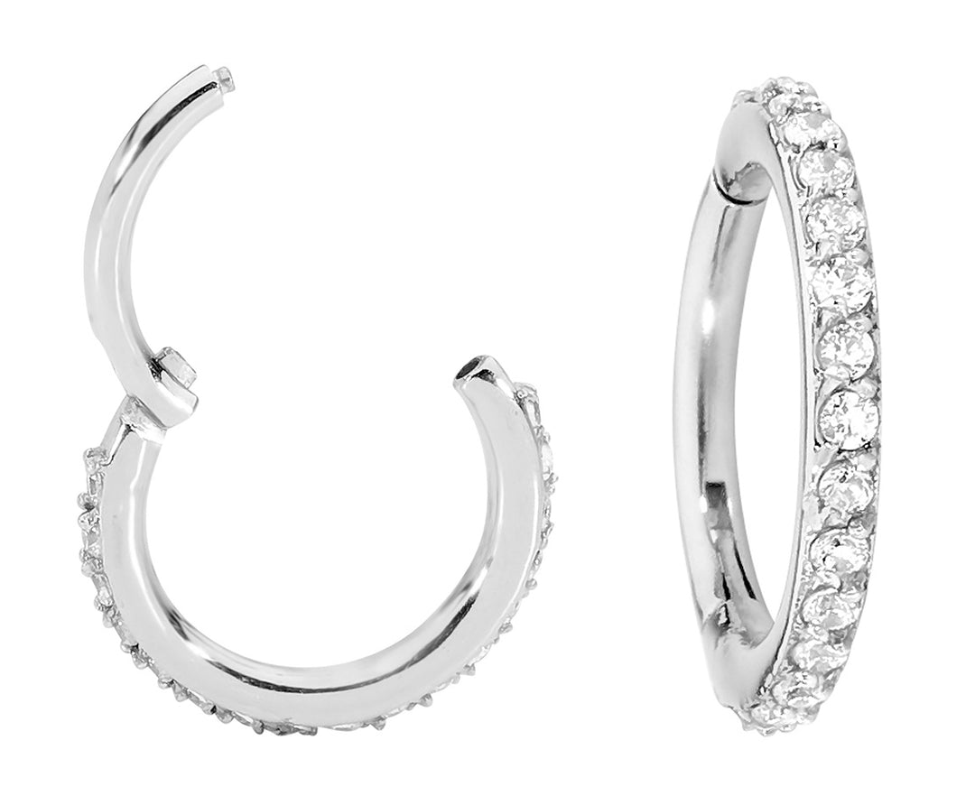 1 Piece 16G Stainless Steel Pave Gem Set Hinged Hoop Segment Ring Earring 7mm - 14mm