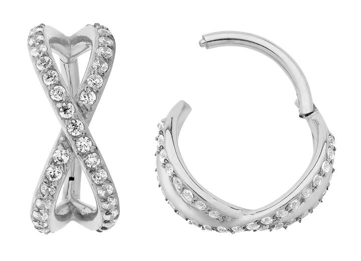 1 Piece 16G Stainless Steel Double Crossover Gem Hinged Hoop Segment Ring Earring 8mm 10mm