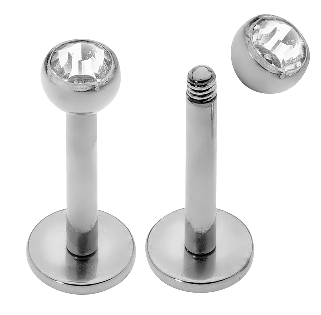 2 Pieces 18G – 14G Stainless Steel Gem Labret Tragus Lip Nose Stud 6mm–12mm