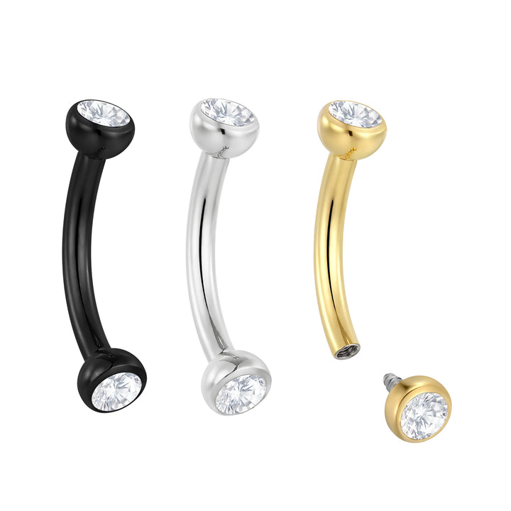 2 Pieces Titanium 16G Internally Threaded Gem Tongue Nipple Eyebrow Bar Ear Curved Barbell Body Jewellery 8mm