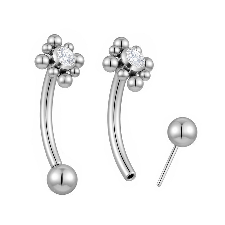 1 Pair Titanium 16G Threadless Flower Gem Curved Barbell