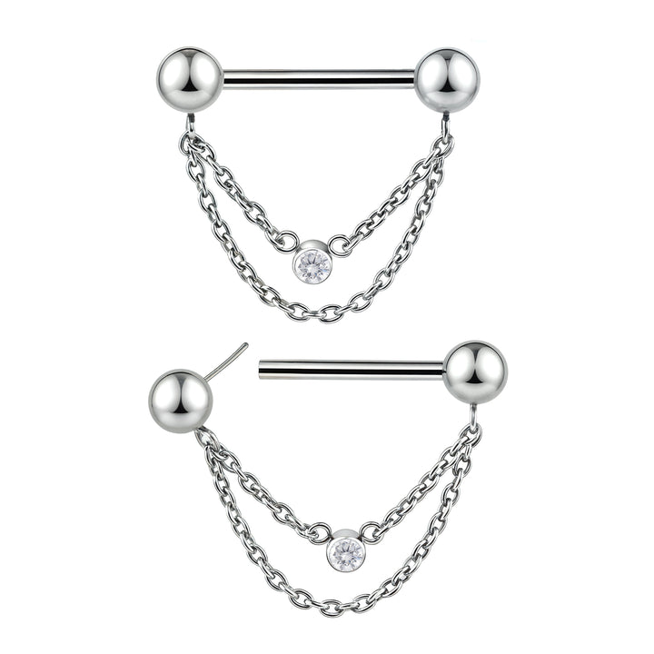 1 Pair Titanium Gem Chain Threadless Nipple Barbells