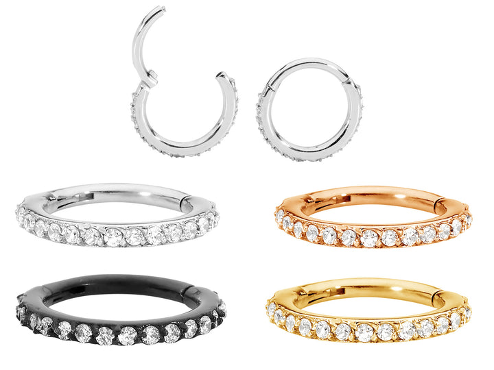 1 Pair 16G Stainless Steel Pave Gem Hinged Hoop Sleeper Earrings 7mm - 14mm