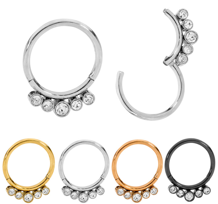 1 Pair 16G Stainless Steel 5 Gem Bezel Set Hinged Hoop Sleeper Earrings 8mm 10mm
