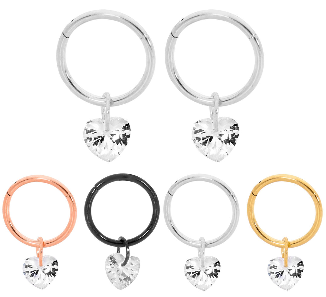 1 Pair 16G Stainless Steel Gem Heart Hinged Hoop Sleeper Earrings 8mm 10mm