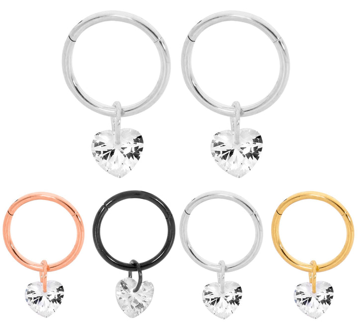 1 Pair 16G Stainless Steel Gem Heart Hinged Hoop Sleeper Earrings 8mm 10mm