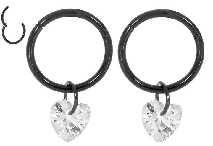 1 Pair 16G Stainless Steel Gem Heart Hinged Hoop Sleeper Earrings 8mm 10mm