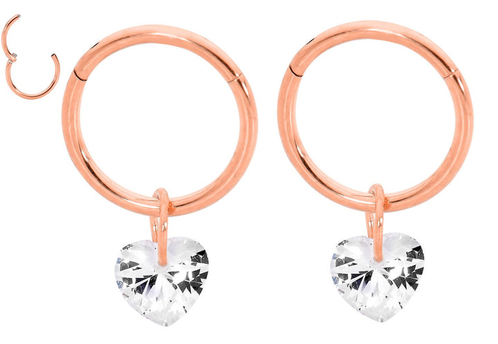 1 Pair 16G Stainless Steel Gem Heart Hinged Hoop Sleeper Earrings 8mm 10mm
