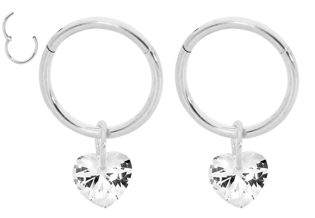 1 Pair 16G Stainless Steel Gem Heart Hinged Hoop Sleeper Earrings 8mm 10mm