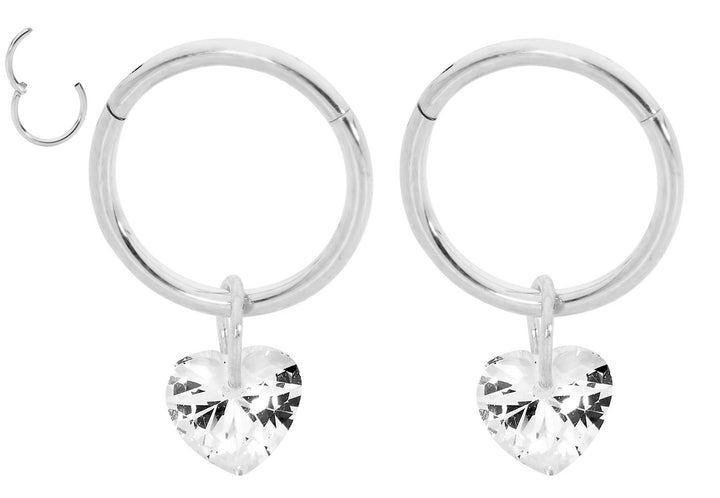1 Pair 16G Stainless Steel Gem Heart Hinged Hoop Sleeper Earrings 8mm 10mm