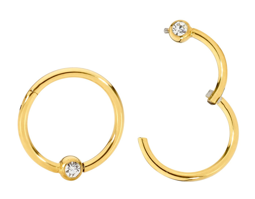 1 Pair 16G Stainless Steel Gem Ball Closure Ring Hinged Hoop Sleeper Earrings 6mm - 10mm
