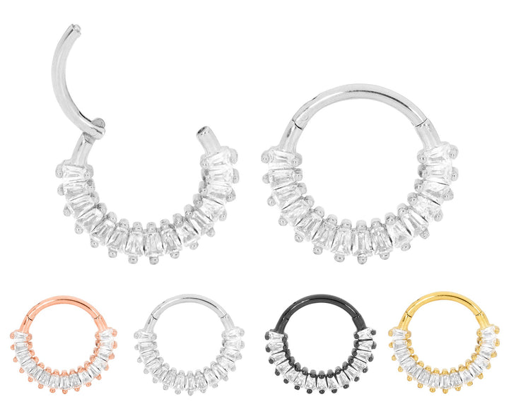 1 Pair 16G Stainless Steel Baguette Gem Hinged Hoop Sleeper Earrings 8mm 10mm