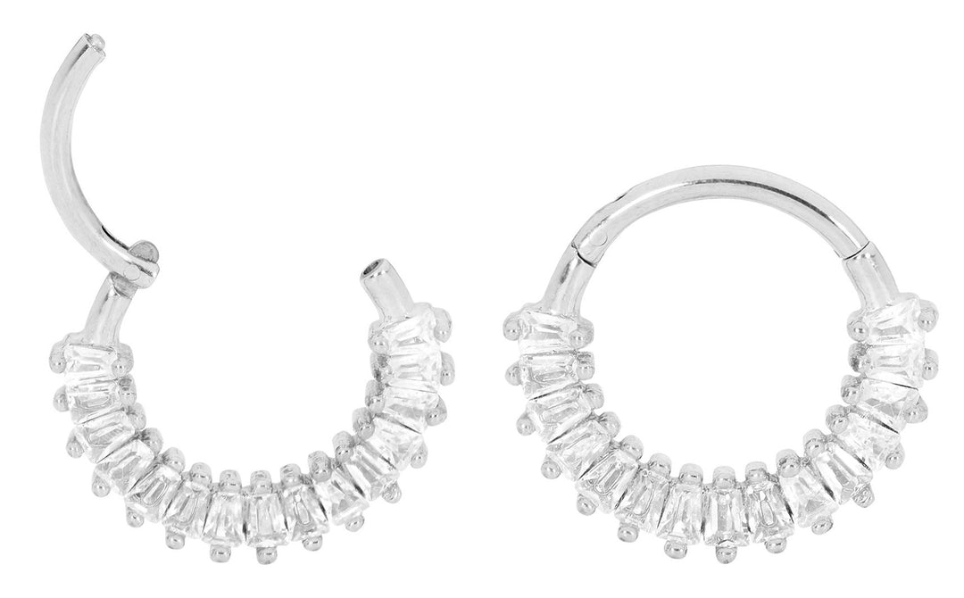 1 Pair 16G Stainless Steel Baguette Gem Hinged Hoop Sleeper Earrings 8mm 10mm