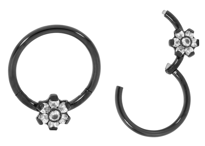 1 Pair 16G Stainless Steel Gem Flower Hinged Hoop Sleeper Earrings 8mm 10mm