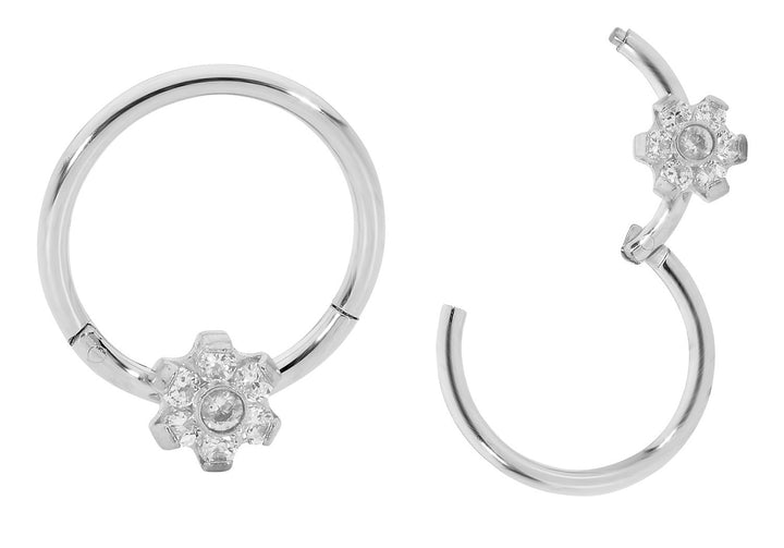 1 Pair 16G Stainless Steel Gem Flower Hinged Hoop Sleeper Earrings 8mm 10mm