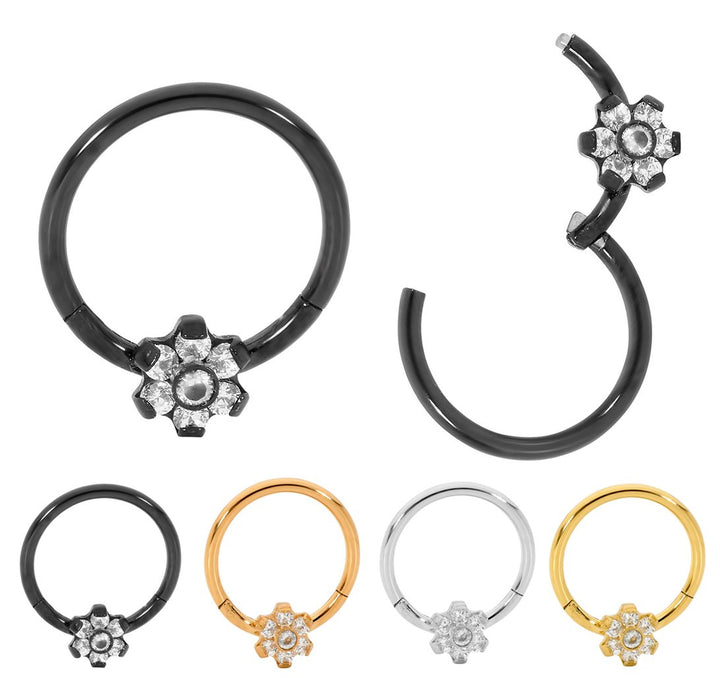 1 Pair 16G Stainless Steel Gem Flower Hinged Hoop Sleeper Earrings 8mm 10mm