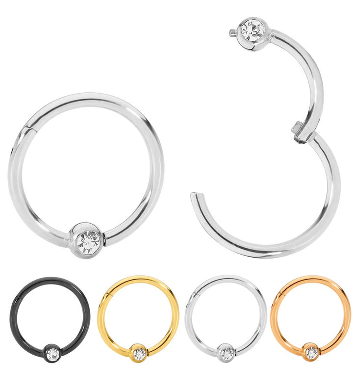 1 Pair 16G Stainless Steel Gem Ball Closure Ring Hinged Hoop Sleeper Earrings 6mm - 10mm