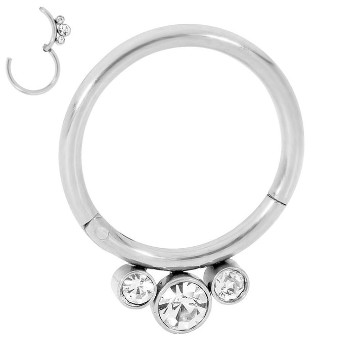 1 Piece 16G Stainless Steel 3 Gem Hinged Hoop Segment Ring Earring 8mm 10mm