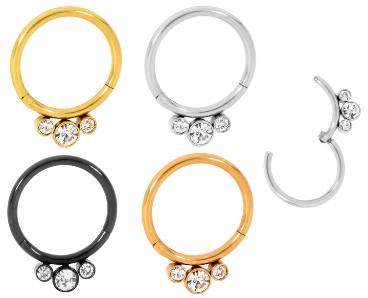 1 Piece 16G Stainless Steel 3 Gem Hinged Hoop Segment Ring Earring 8mm 10mm