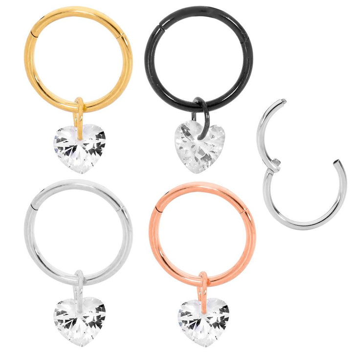 1 Piece 16G Stainless Steel Gem Heart Hinged Hoop Segment Ring Earring 8mm 10mm