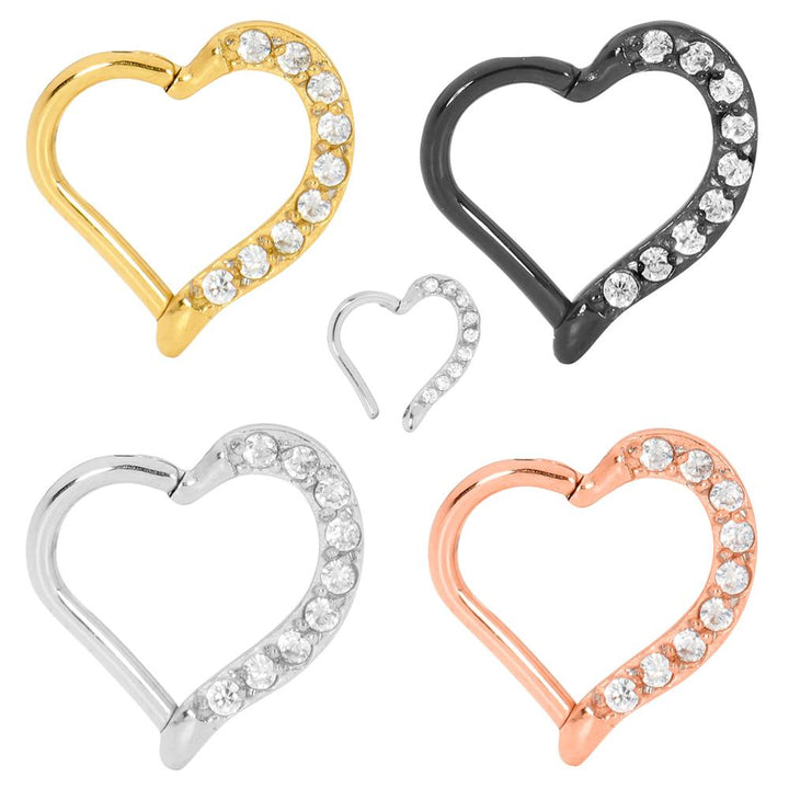 1 Piece 16G Stainless Steel Gem Heart Hinged Hoop Segment Ring Earring 8mm 10mm