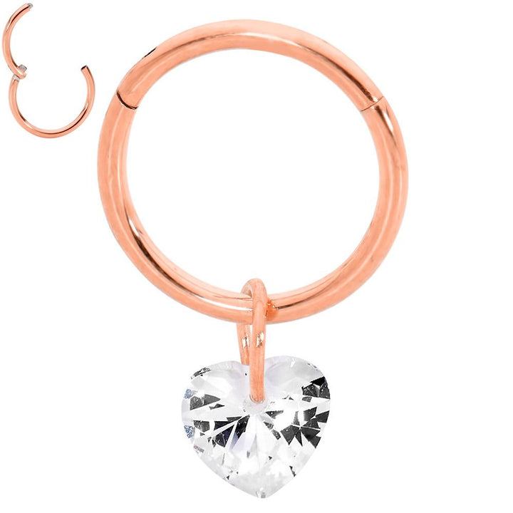 1 Piece 16G Stainless Steel Gem Heart Hinged Hoop Segment Ring Earring 8mm 10mm
