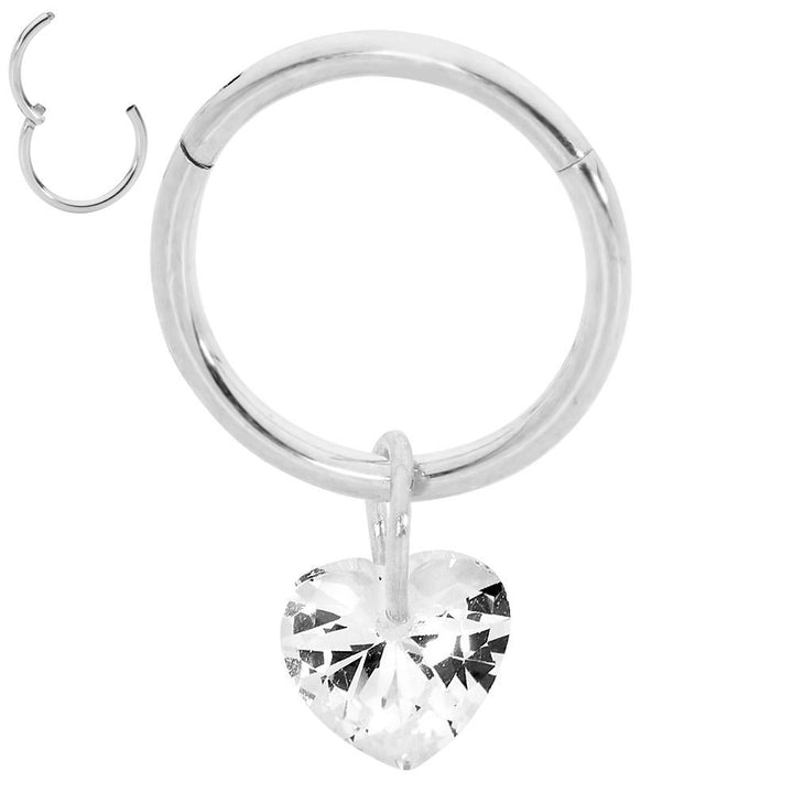 1 Piece 16G Stainless Steel Gem Heart Hinged Hoop Segment Ring Earring 8mm 10mm