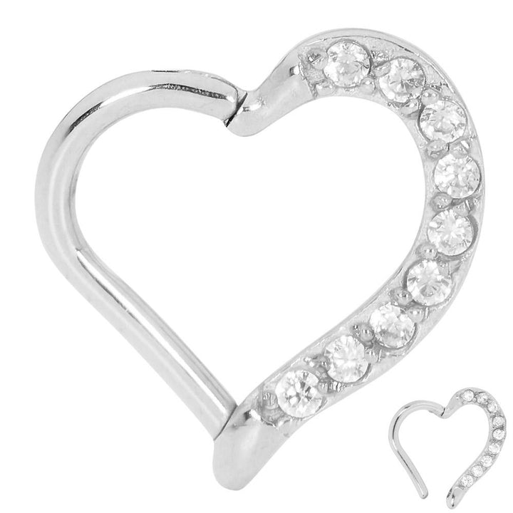 1 Piece 16G Stainless Steel Gem Heart Hinged Hoop Segment Ring Earring 8mm 10mm